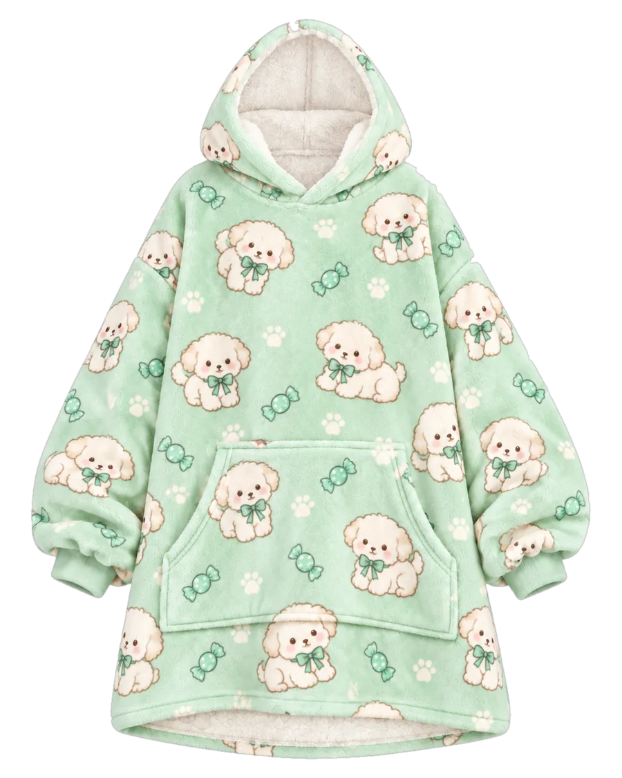 Mint Puppy Hoodie Blanket – front