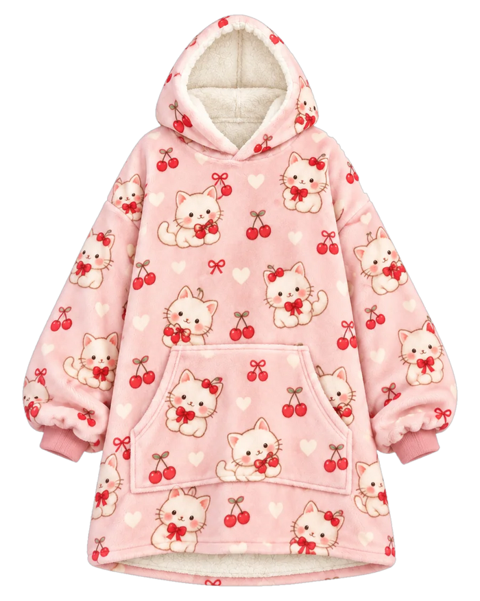 Cherry Kitten Hoodie Blanket