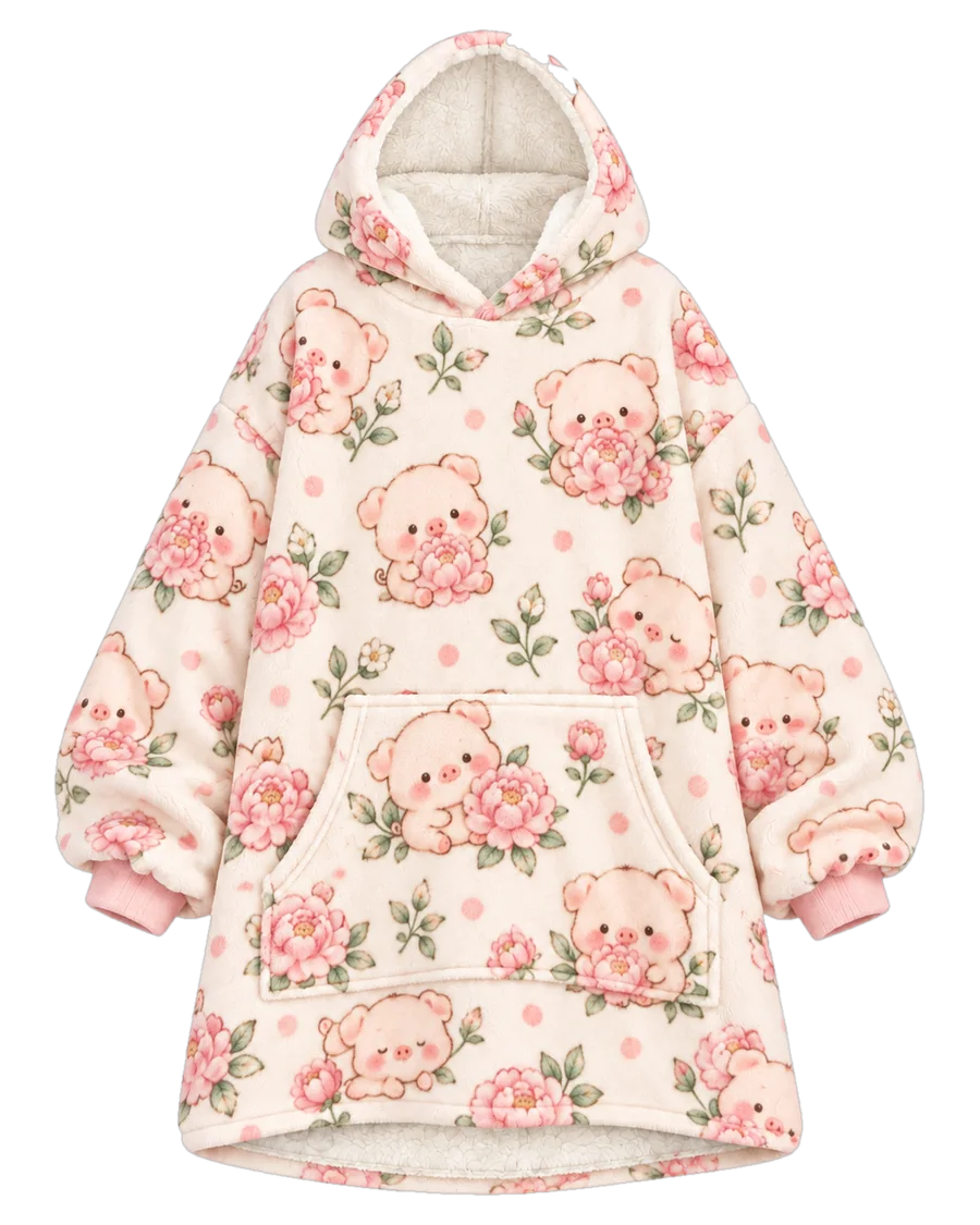 Peony Piglet Hoodie Blanket – front