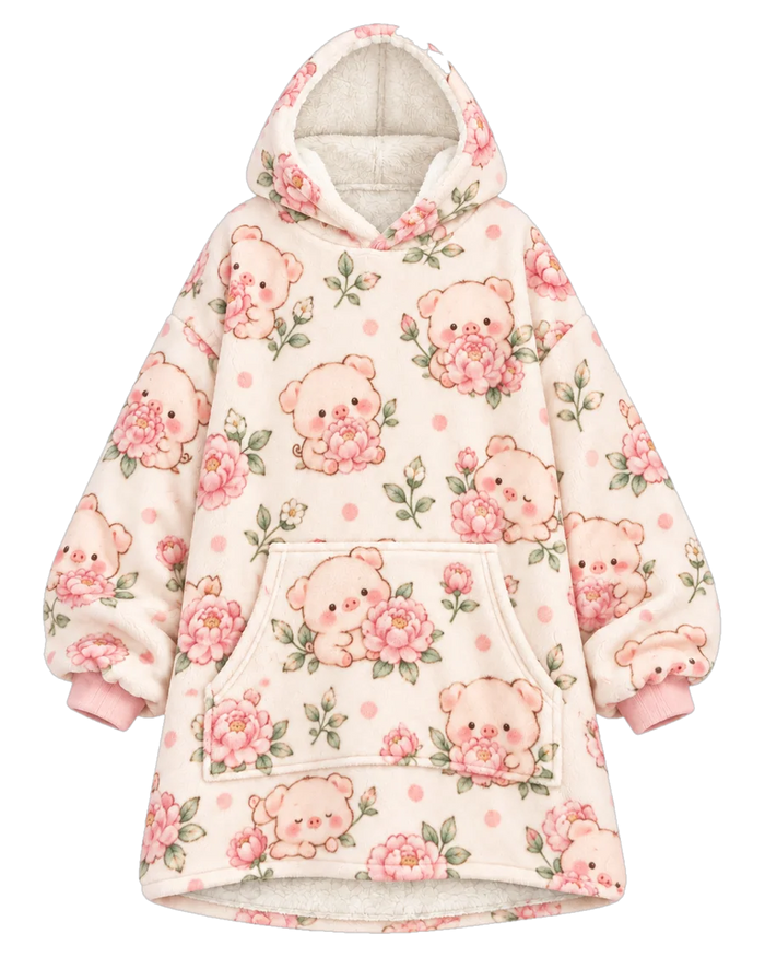 Peony Piglet Hoodie Blanket