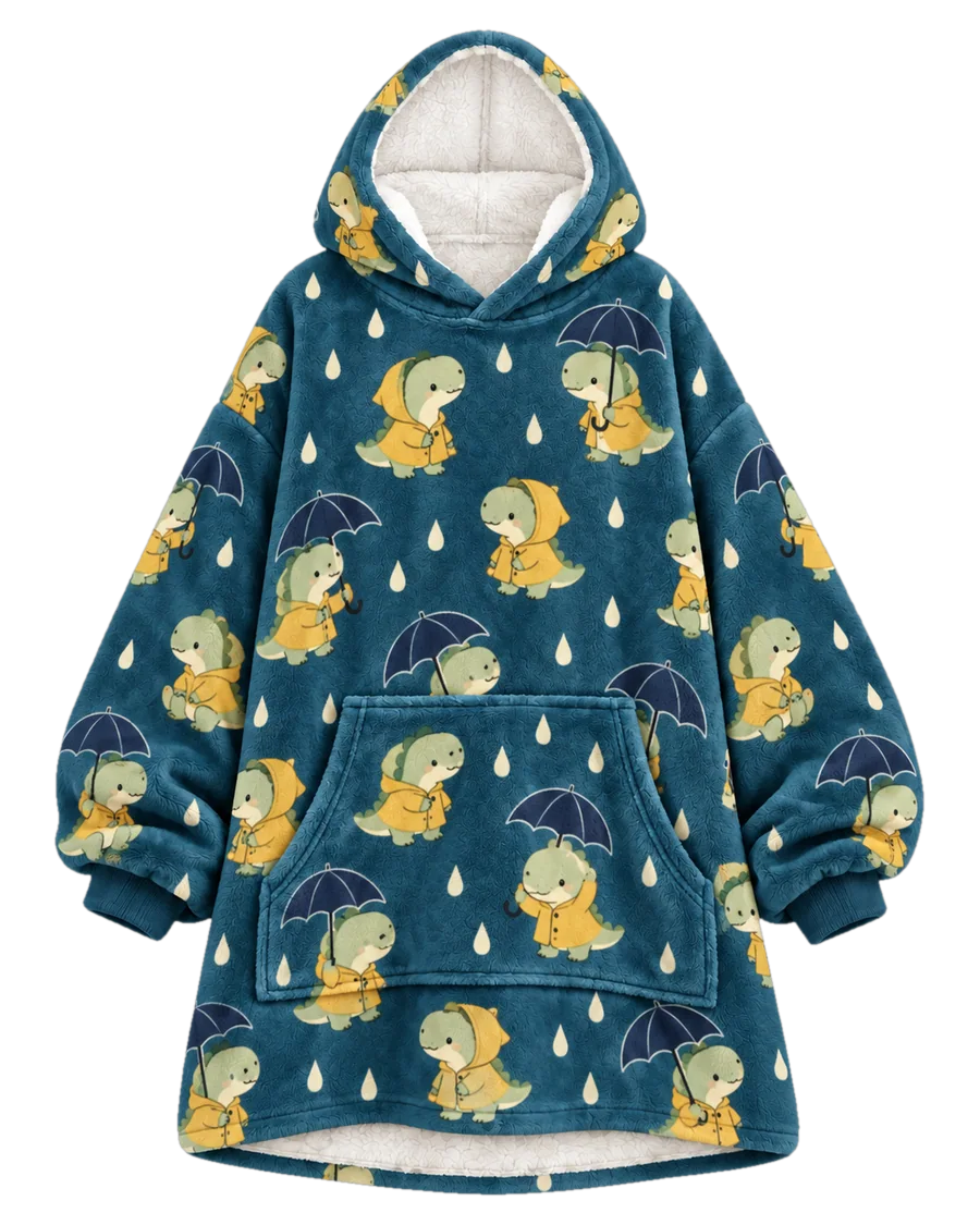 Dino Rain Hoodie Blanket – front