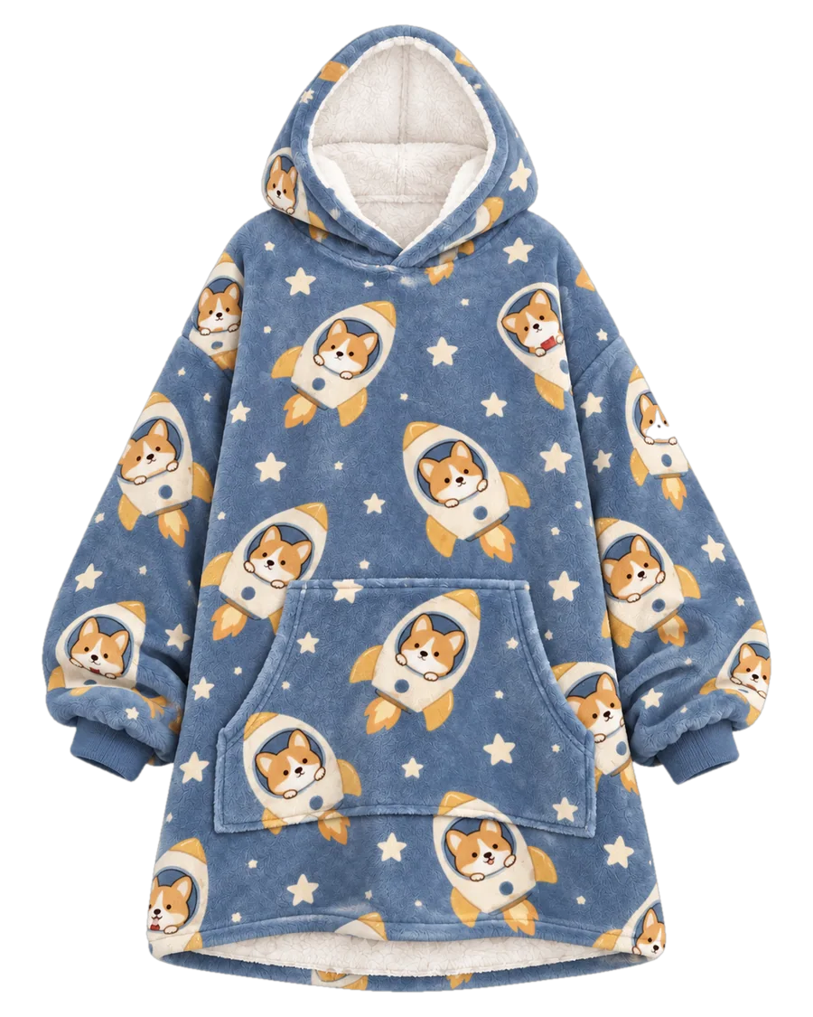 Rocket Corgi Hoodie Blanket – front