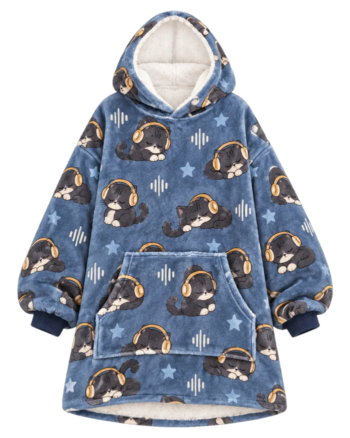 Headphone Cat Hoodie Blanket