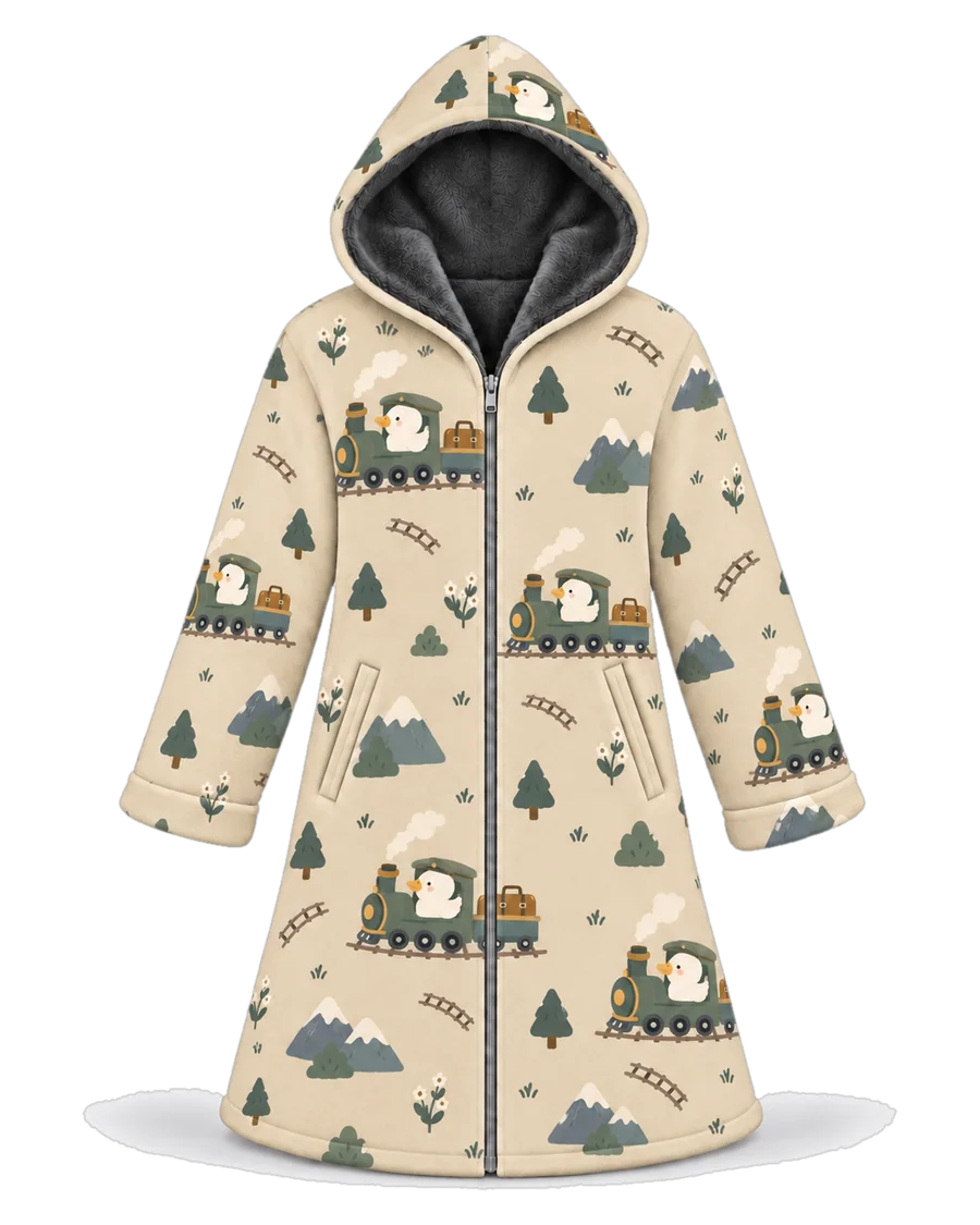 Alpine Train hoodie blanket dream cloak, zip-up wearable blanket with sherpa lining – front view