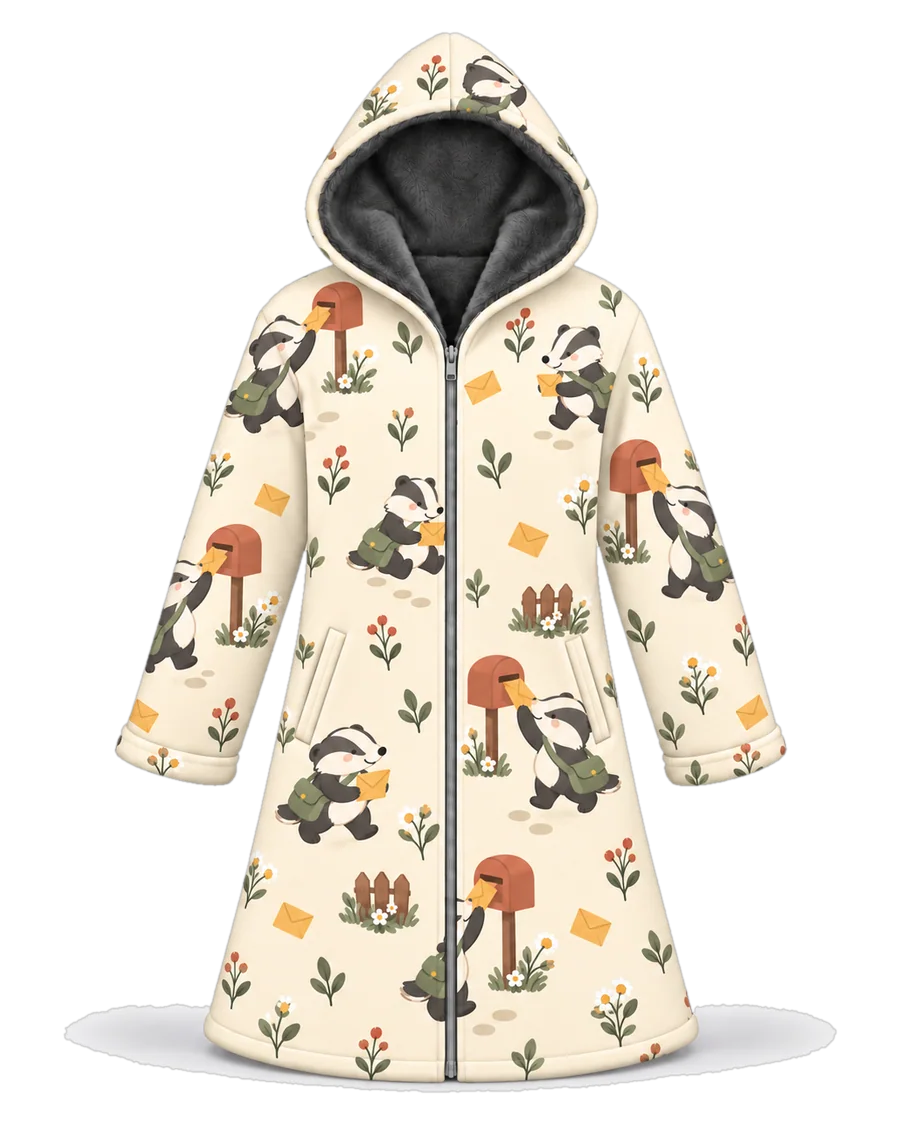 Badger Post hoodie blanket dream cloak, zip-up wearable blanket with sherpa lining – front view