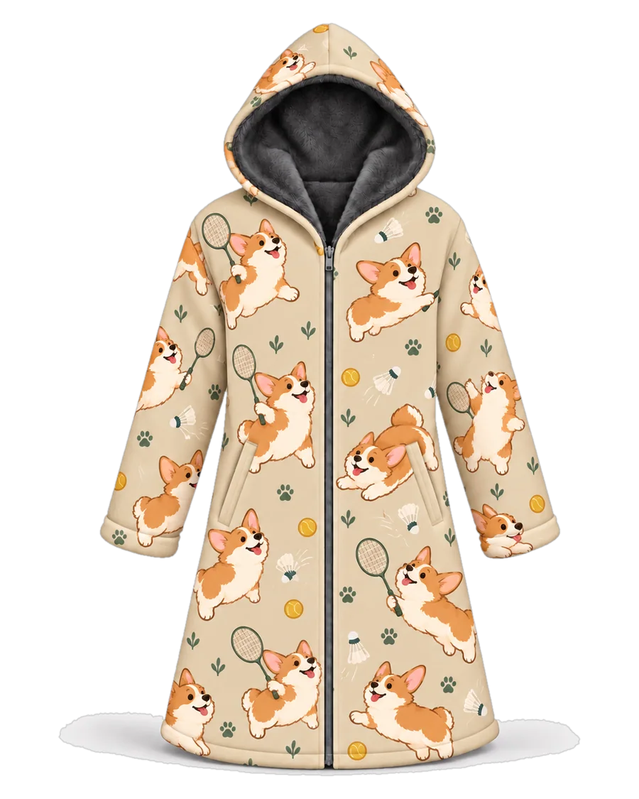 Badminton Corgi hoodie blanket dream cloak, zip-up wearable blanket with sherpa lining – front view