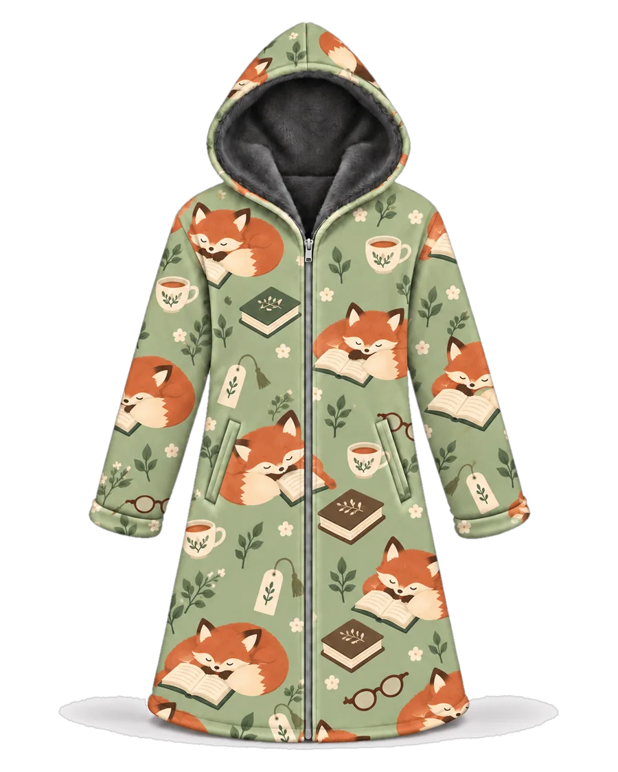 Bookworm Fox hoodie blanket dream cloak, zip-up wearable blanket with sherpa lining – front view