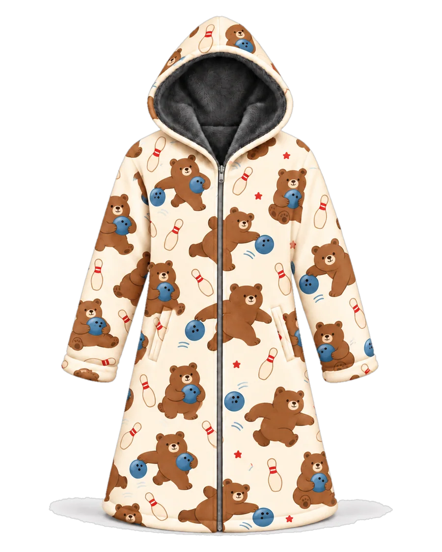 Bowling Bear hoodie blanket dream cloak, zip-up wearable blanket with sherpa lining – front view