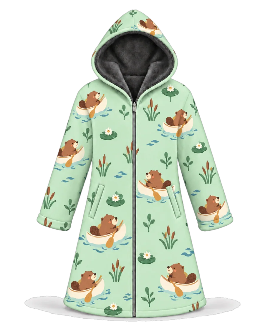 Canoe Beaver hoodie blanket dream cloak, zip-up wearable blanket with sherpa lining – front view