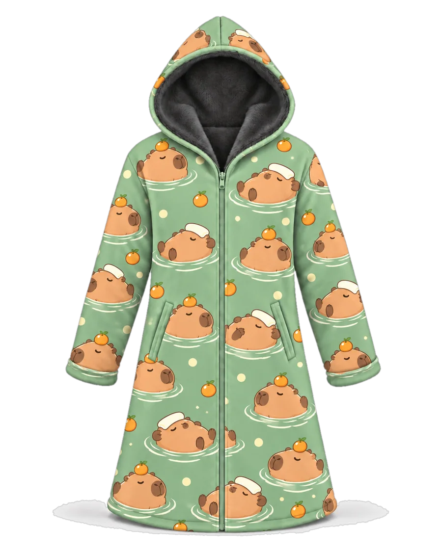 Capybara Hot Spring hoodie blanket dream cloak, zip-up wearable blanket with sherpa lining – front view