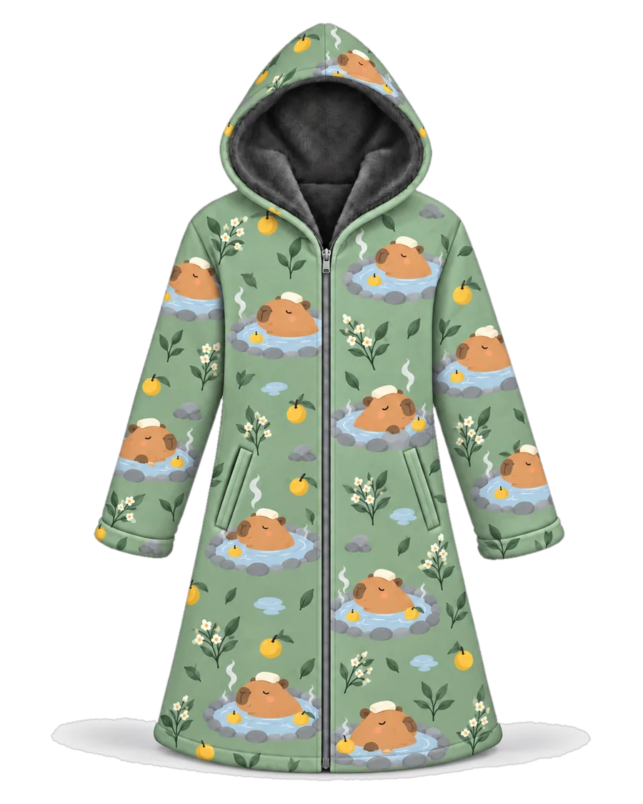 Capybara Spa hoodie blanket dream cloak, zip-up wearable blanket with sherpa lining – front view