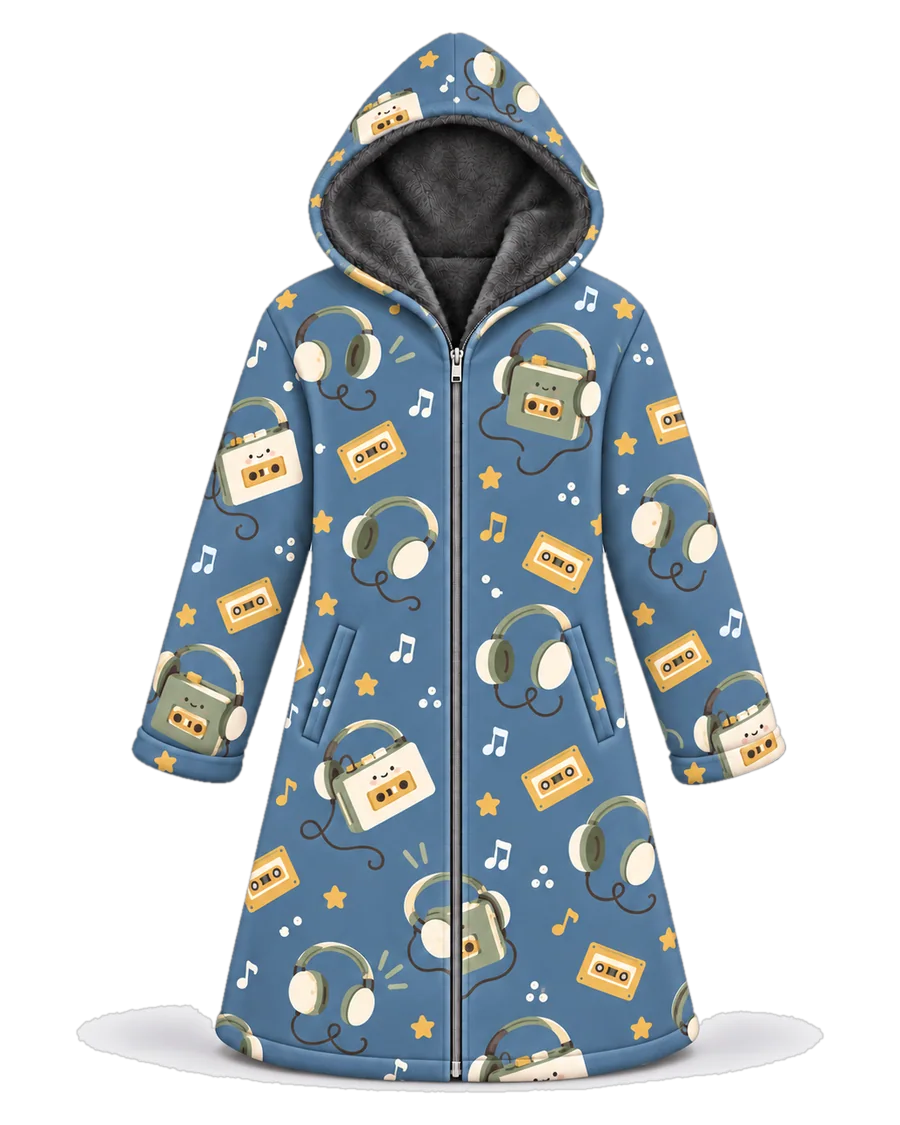 Cassette Club hoodie blanket dream cloak, zip-up wearable blanket with sherpa lining – front view