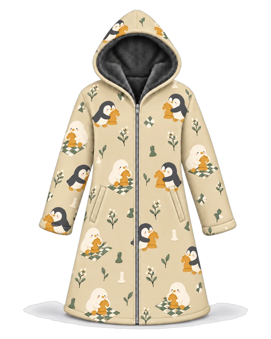 Chess Penguin hoodie blanket dream cloak, zip-up wearable blanket with sherpa lining – front view