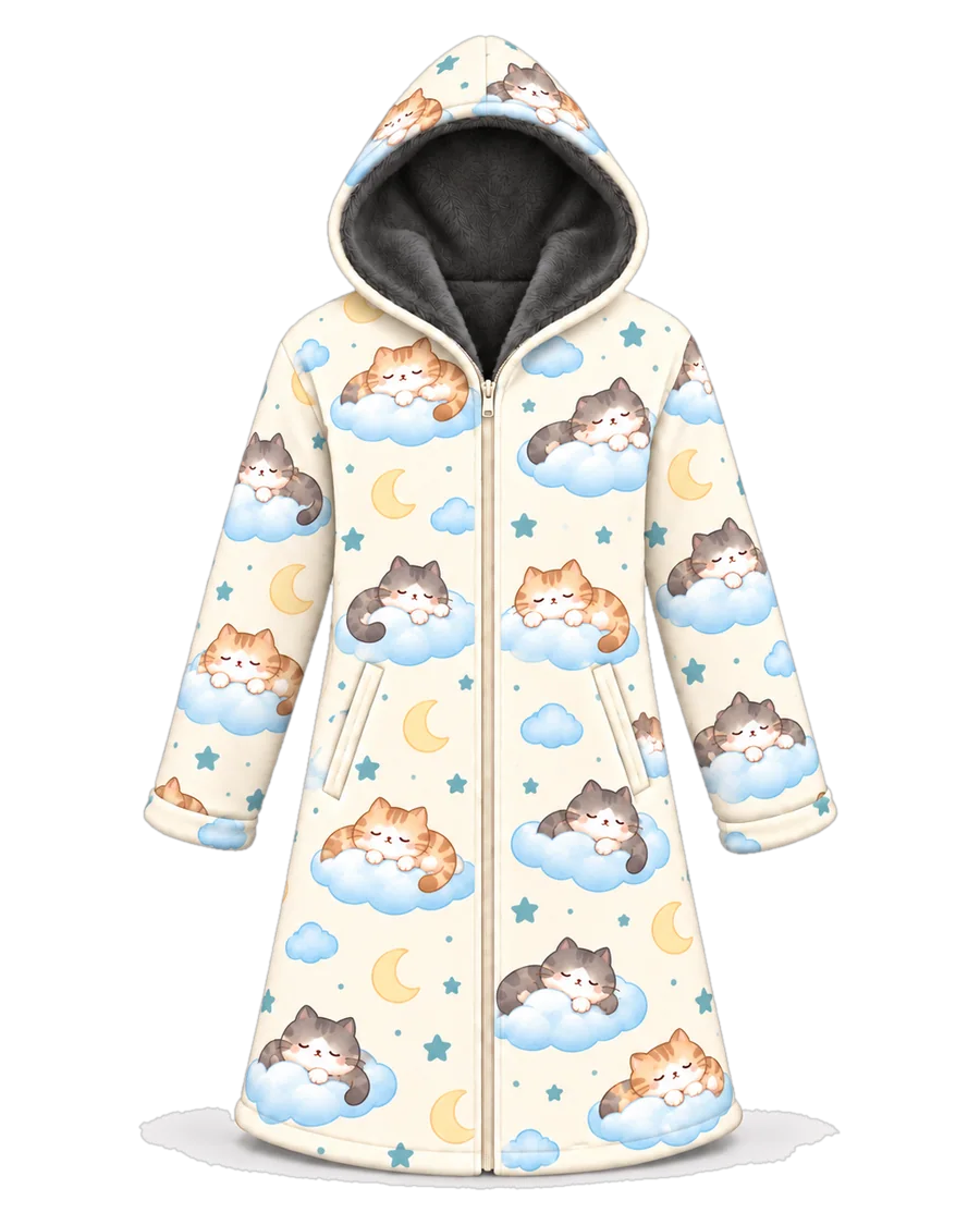 Cloud Cat hoodie blanket dream cloak, zip-up wearable blanket with sherpa lining – front view