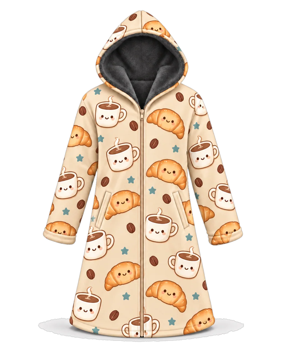 Coffee & Croissant hoodie blanket dream cloak, zip-up wearable blanket with sherpa lining – front view