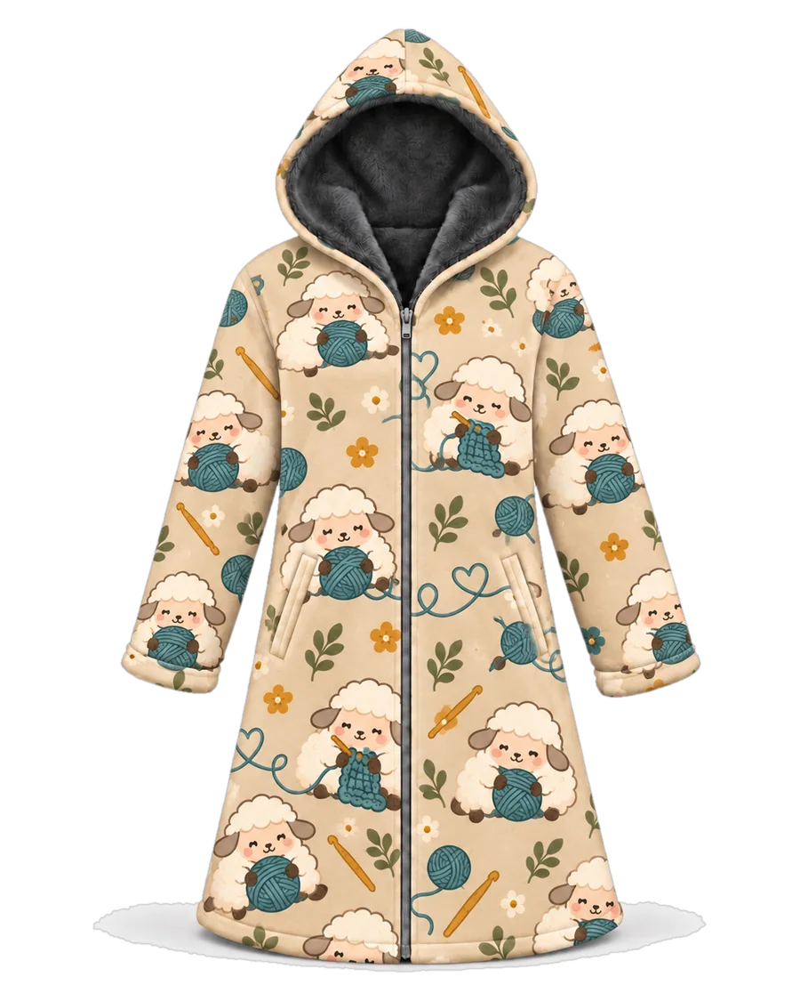 Crochet Sheep hoodie blanket dream cloak, zip-up wearable blanket with sherpa lining – front view