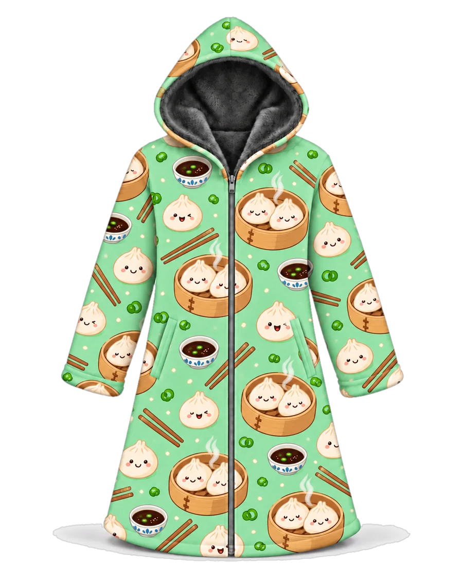 Dumpling Party hoodie blanket dream cloak, zip-up wearable blanket with sherpa lining – front view