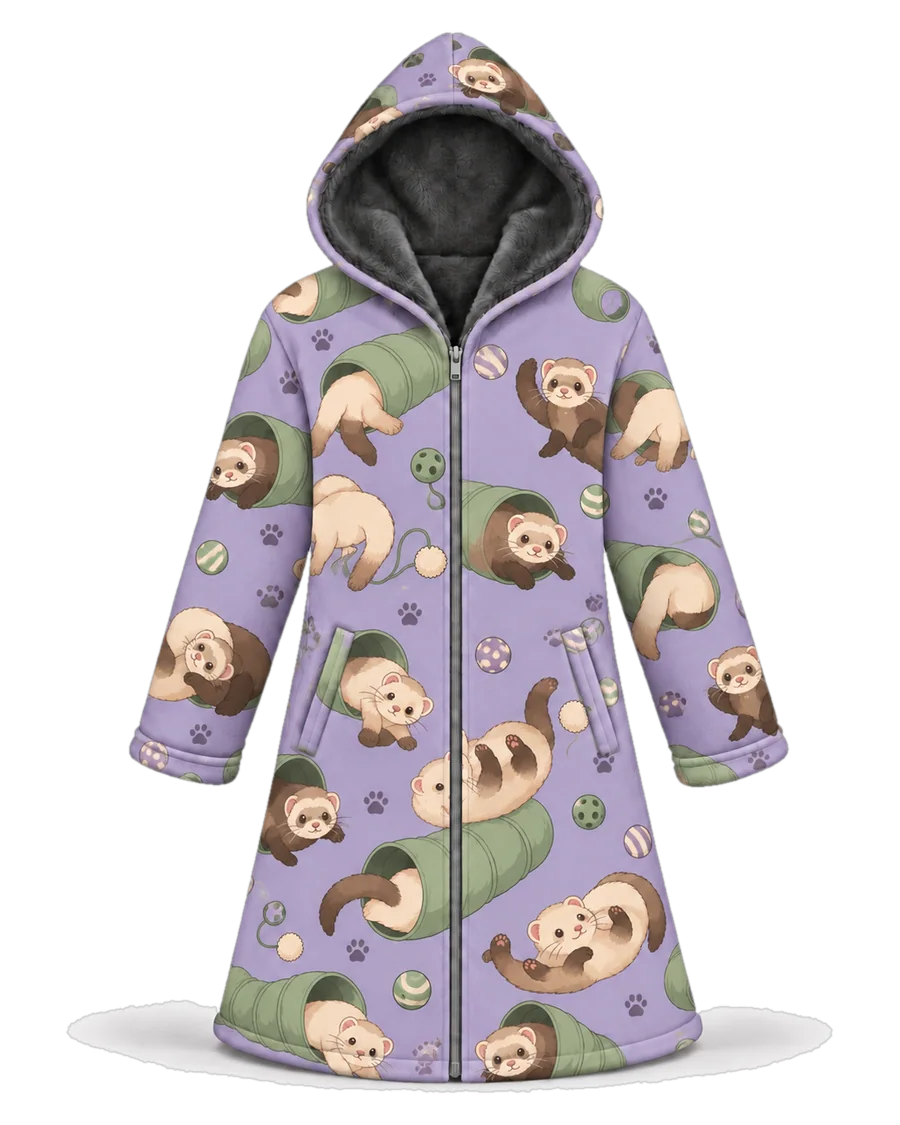 Ferret Friends hoodie blanket dream cloak, zip-up wearable blanket with sherpa lining – front view