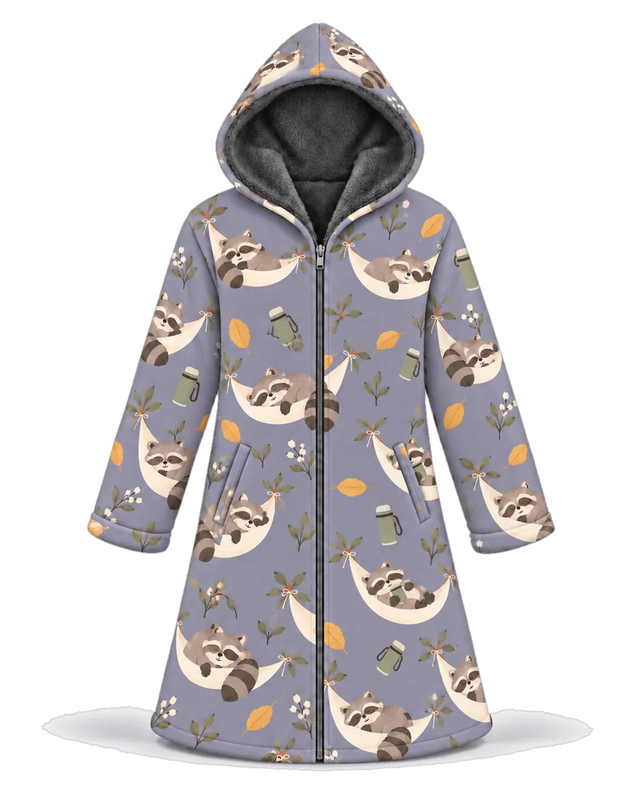 Hammock Raccoon hoodie blanket dream cloak, zip-up wearable blanket with sherpa lining – front view
