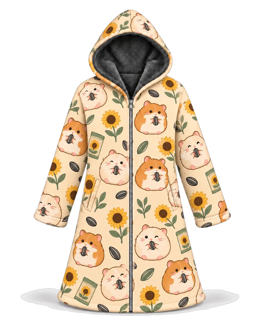 Hamster Seeds hoodie blanket dream cloak, zip-up wearable blanket with sherpa lining – front view