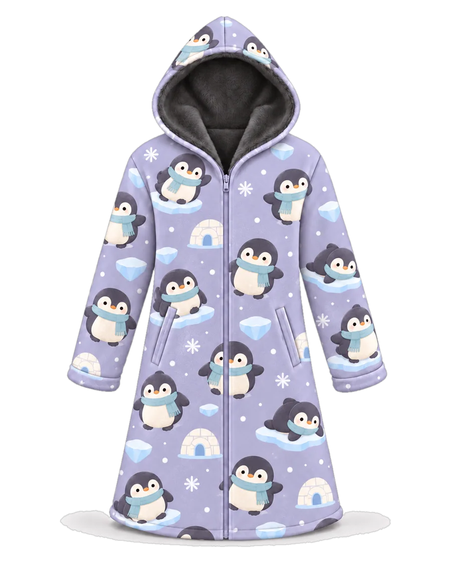 Lilac Penguin hoodie blanket dream cloak, zip-up wearable blanket with sherpa lining – front view