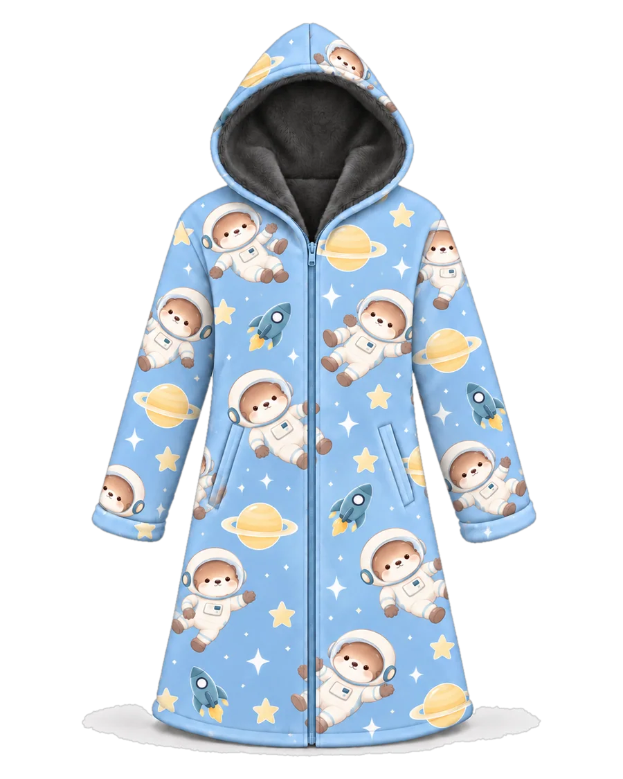 Little Astronaut hoodie blanket dream cloak, zip-up wearable blanket with sherpa lining – front view