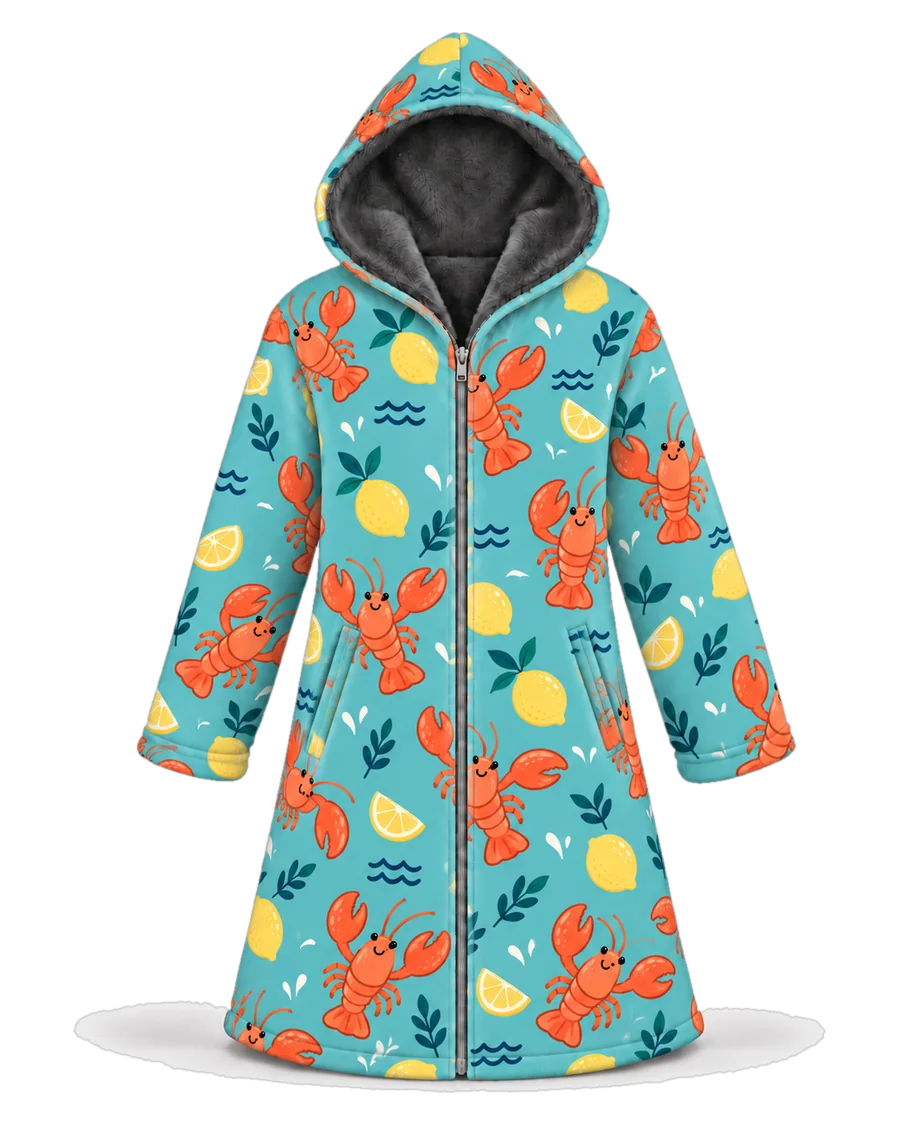 Lobster Shack hoodie blanket dream cloak, zip-up wearable blanket with sherpa lining – front view
