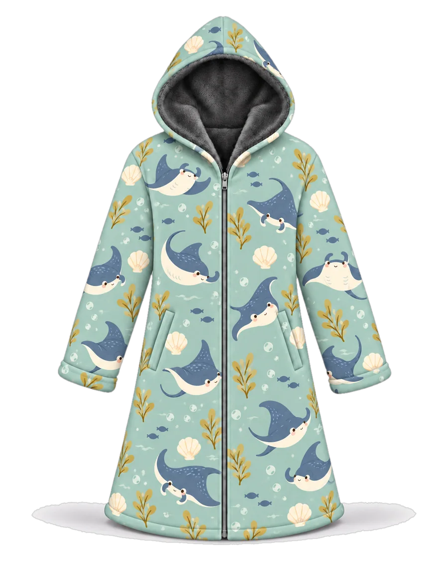 Manta Ray hoodie blanket dream cloak, zip-up wearable blanket with sherpa lining – front view