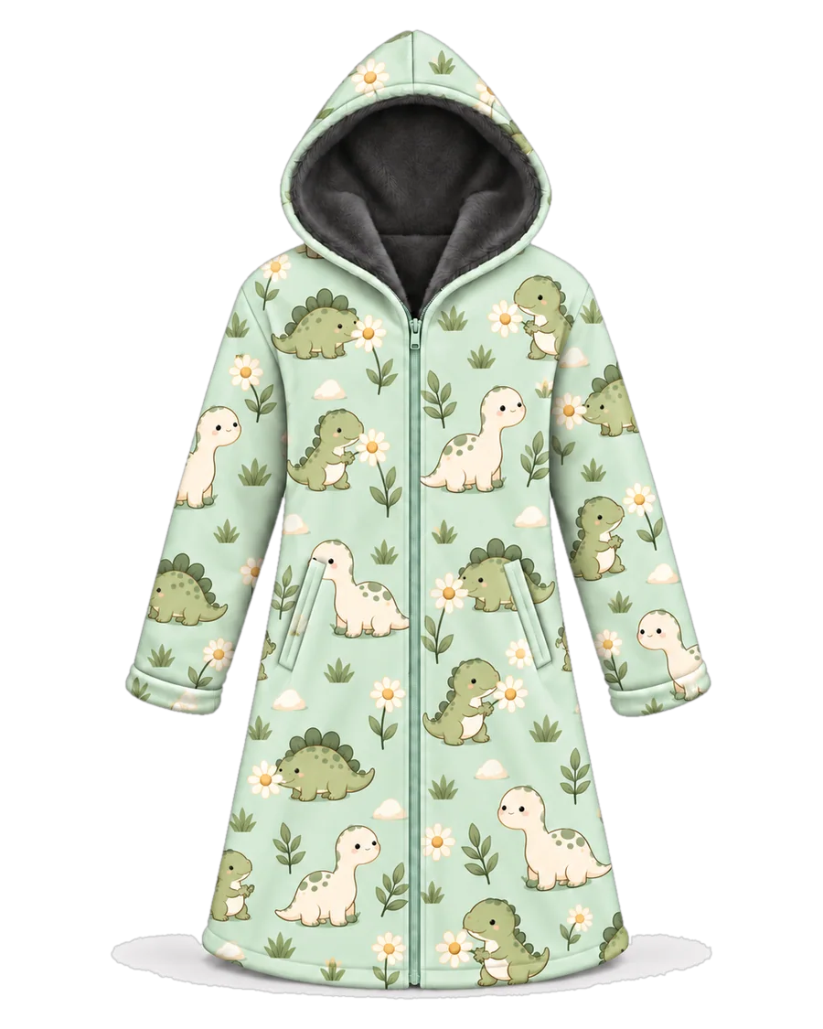 Mint Dino hoodie blanket dream cloak, zip-up wearable blanket with sherpa lining – front view
