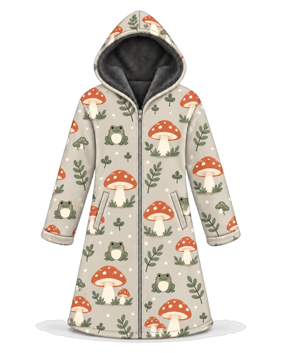 Mushroom Forest hoodie blanket dream cloak, zip-up wearable blanket with sherpa lining – front view