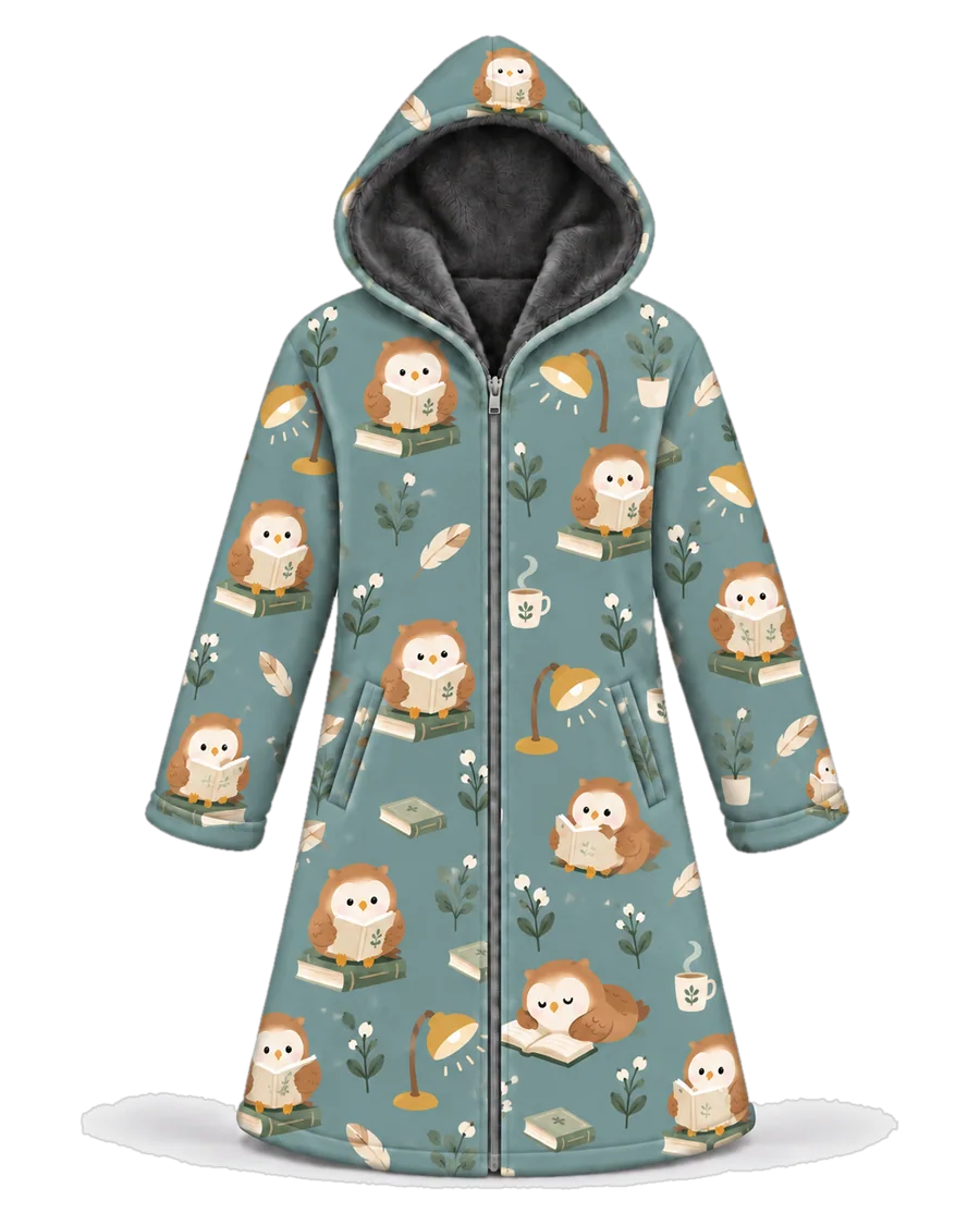 Owl Library hoodie blanket dream cloak, zip-up wearable blanket with sherpa lining – front view