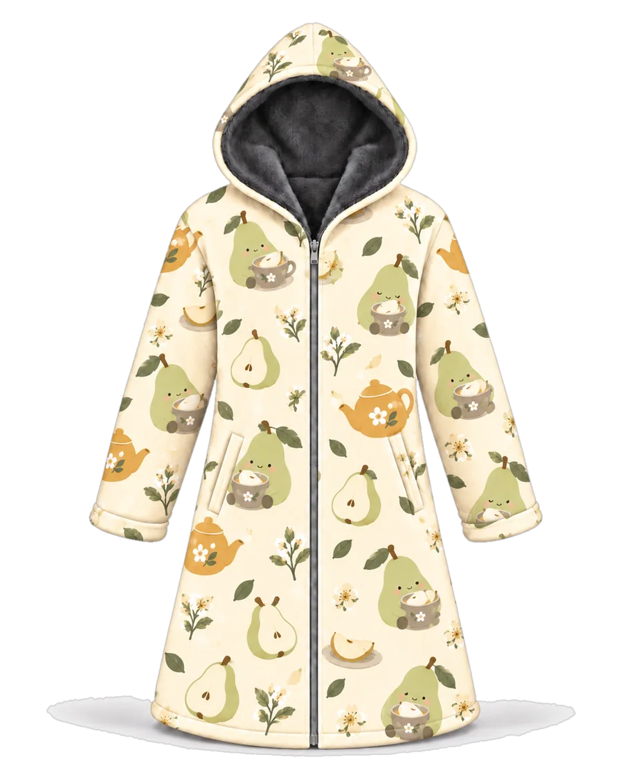 Pear Tea Party hoodie blanket dream cloak, zip-up wearable blanket with sherpa lining – front view