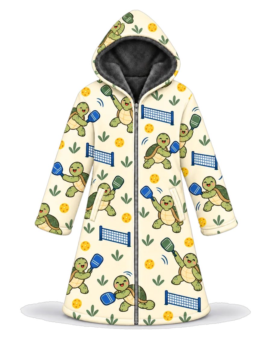 Pickleball Turtle hoodie blanket dream cloak, zip-up wearable blanket with sherpa lining – front view
