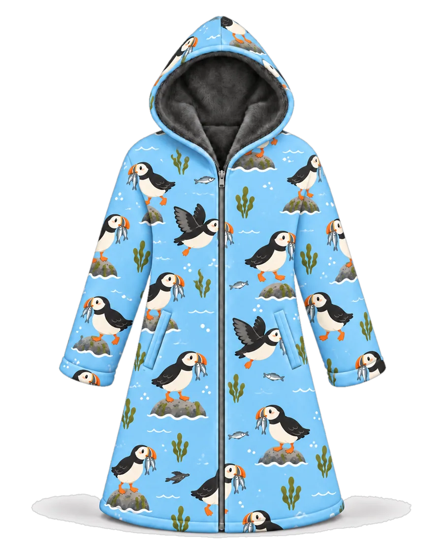 Puffin Coast hoodie blanket dream cloak, zip-up wearable blanket with sherpa lining – front view