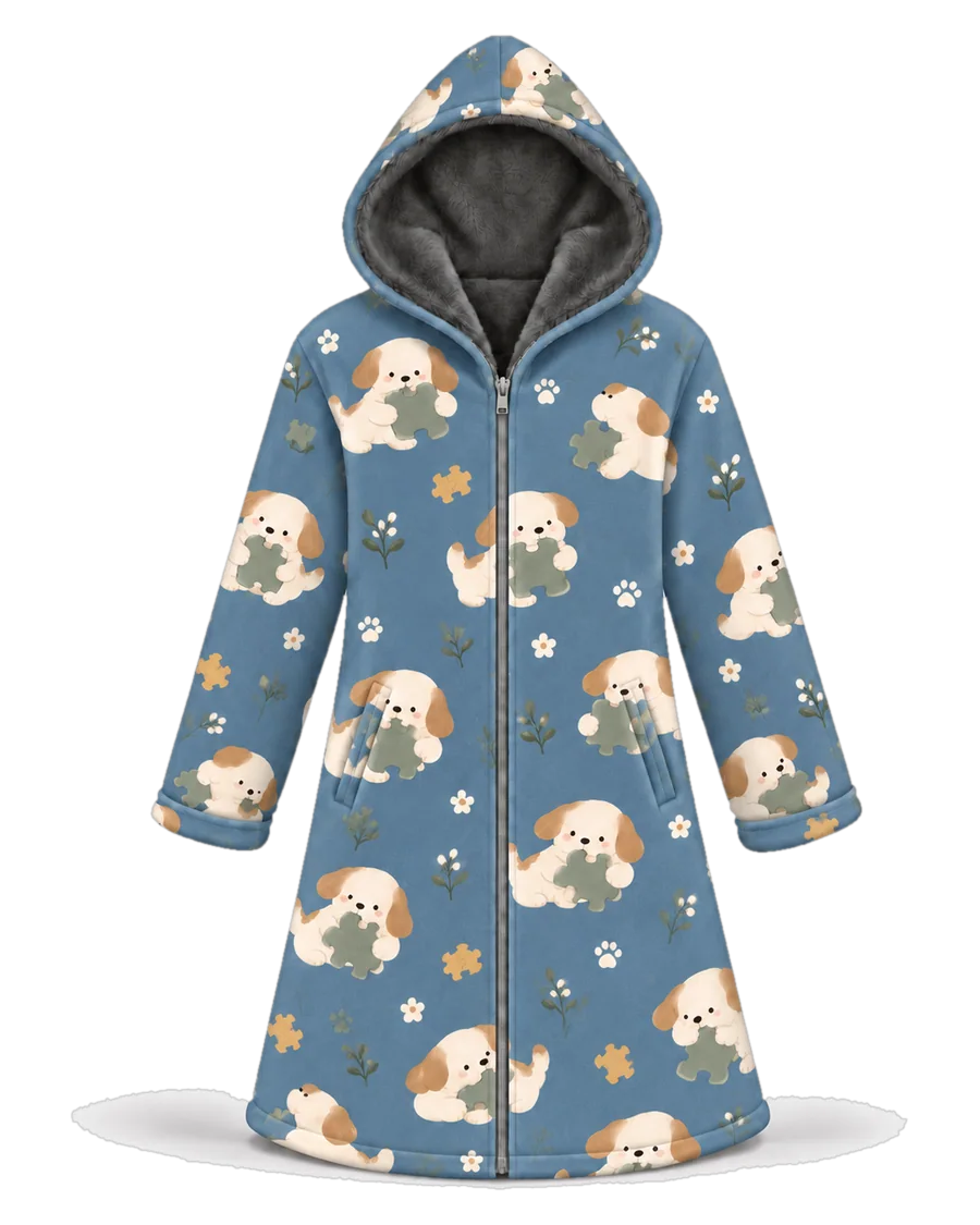 Puzzle Pups hoodie blanket dream cloak, zip-up wearable blanket with sherpa lining – front view