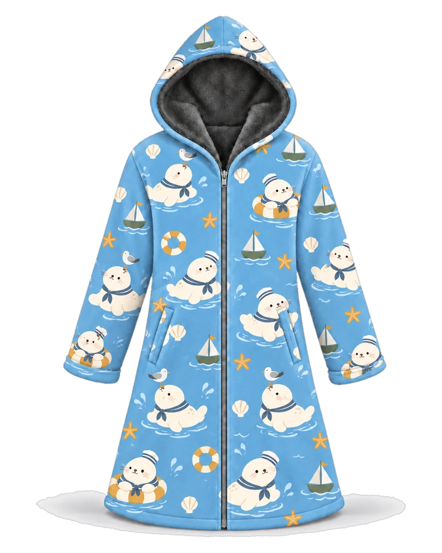 Seal Sailor hoodie blanket dream cloak, zip-up wearable blanket with sherpa lining – front view