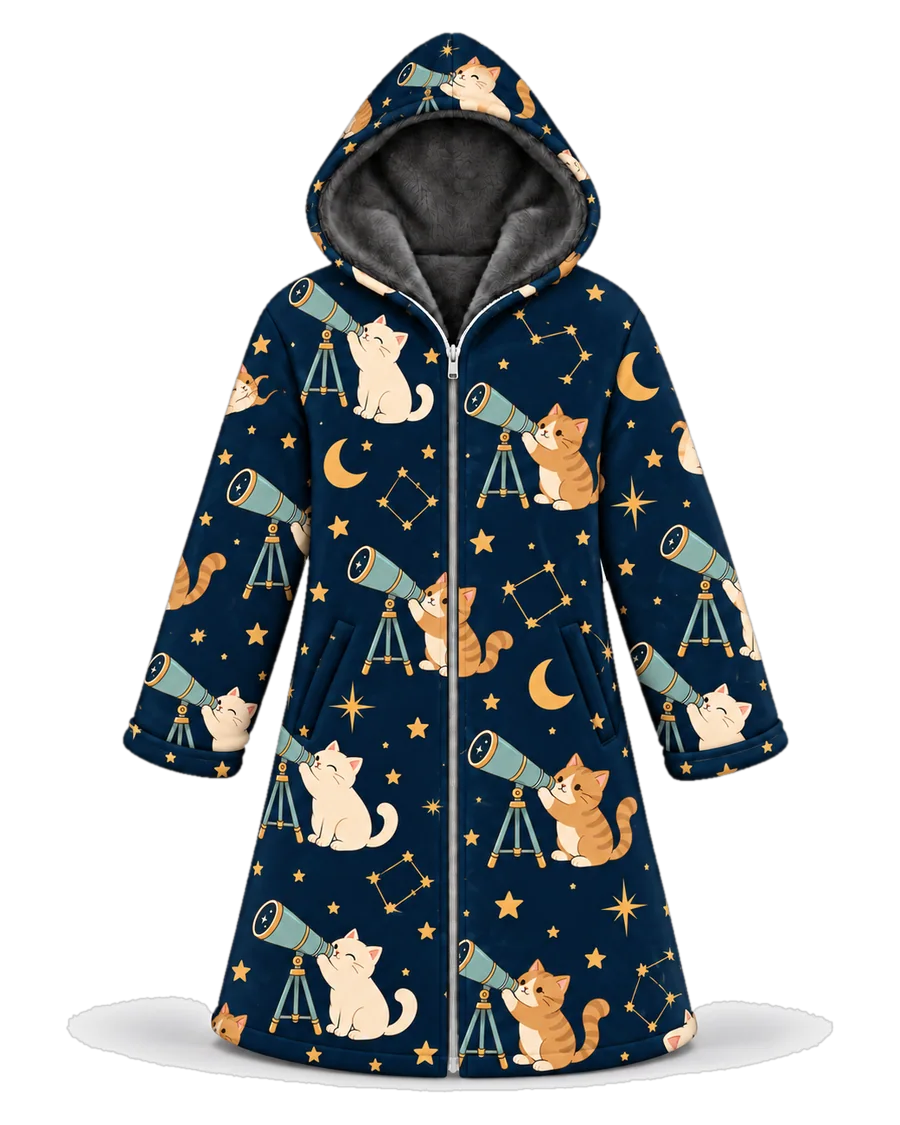 Stargazer Cat hoodie blanket dream cloak, zip-up wearable blanket with sherpa lining – front view