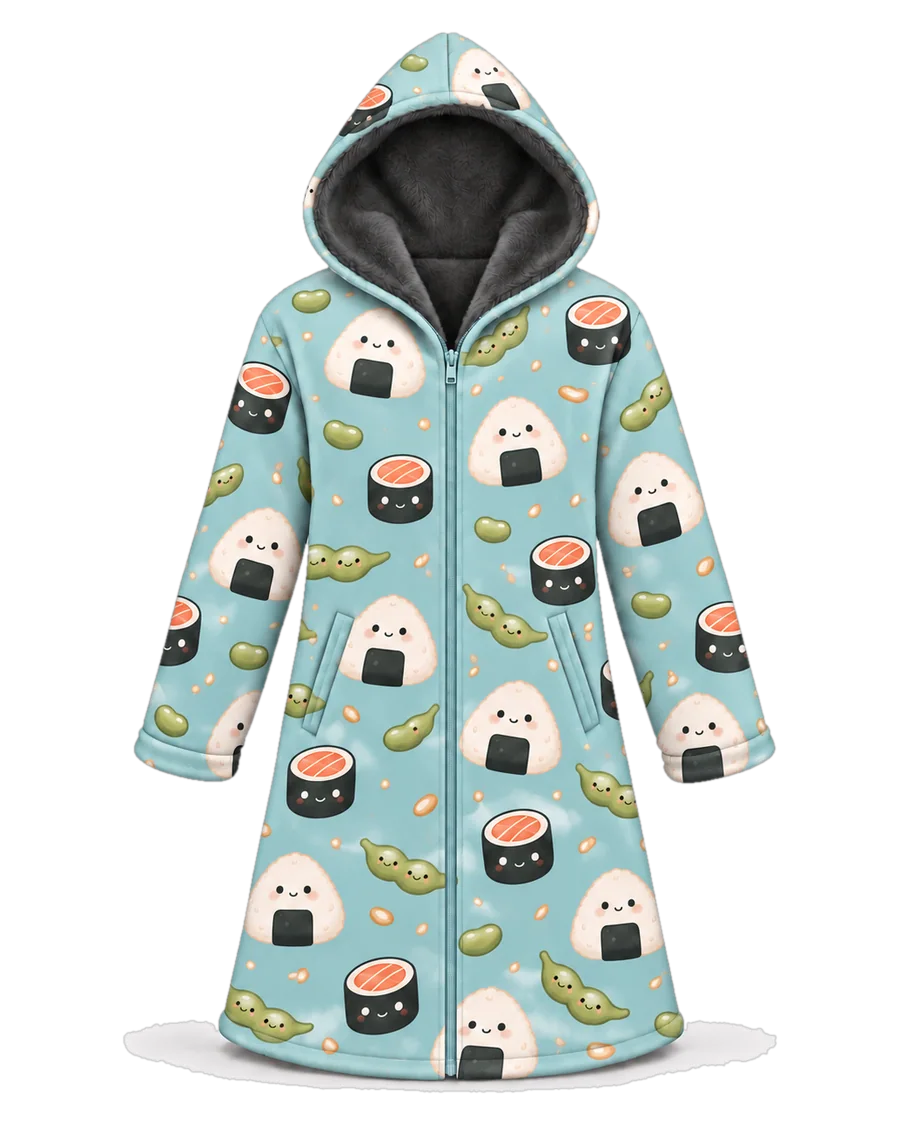 Sushi Bar hoodie blanket dream cloak, zip-up wearable blanket with sherpa lining – front view