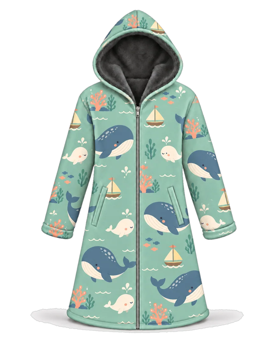 Whale Song hoodie blanket dream cloak, zip-up wearable blanket with sherpa lining – front view