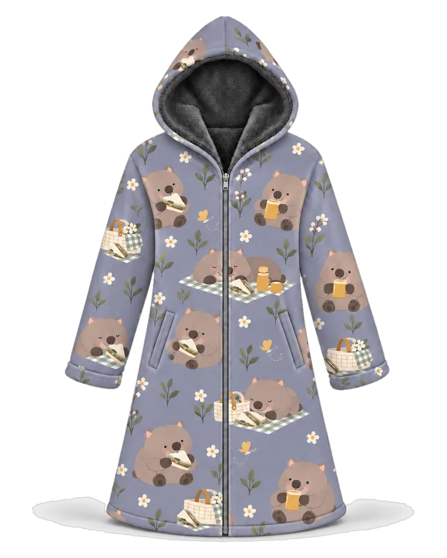 Wombat Picnic hoodie blanket dream cloak, zip-up wearable blanket with sherpa lining – front view